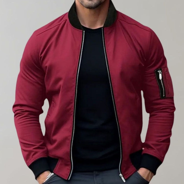 Men's Slim-Fit Zip-Up Bomber Jacket Ribbed-Collar Sleeve Pocket - Burgundy
