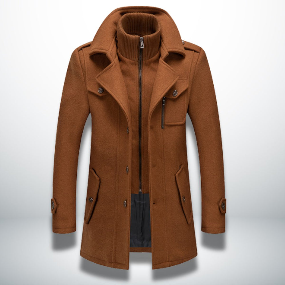 Men's Smart-Casual Wool-Blend Button-Front Overcoat Knit-Collar