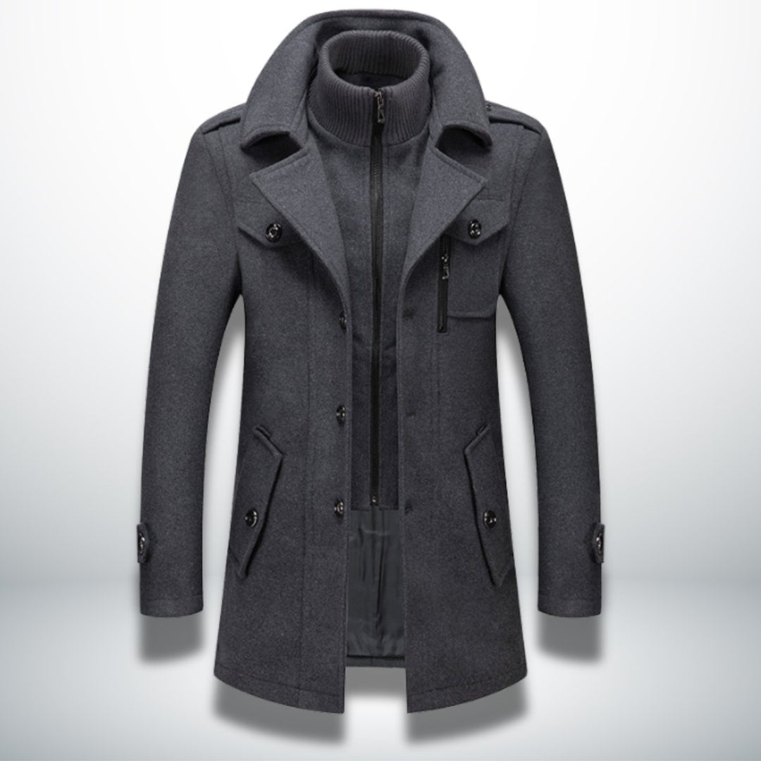 Men's Smart-Casual Wool-Blend Button-Front Overcoat Knit-Collar