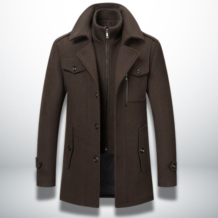 Men's Smart-Casual Wool-Blend Button-Front Overcoat Knit-Collar