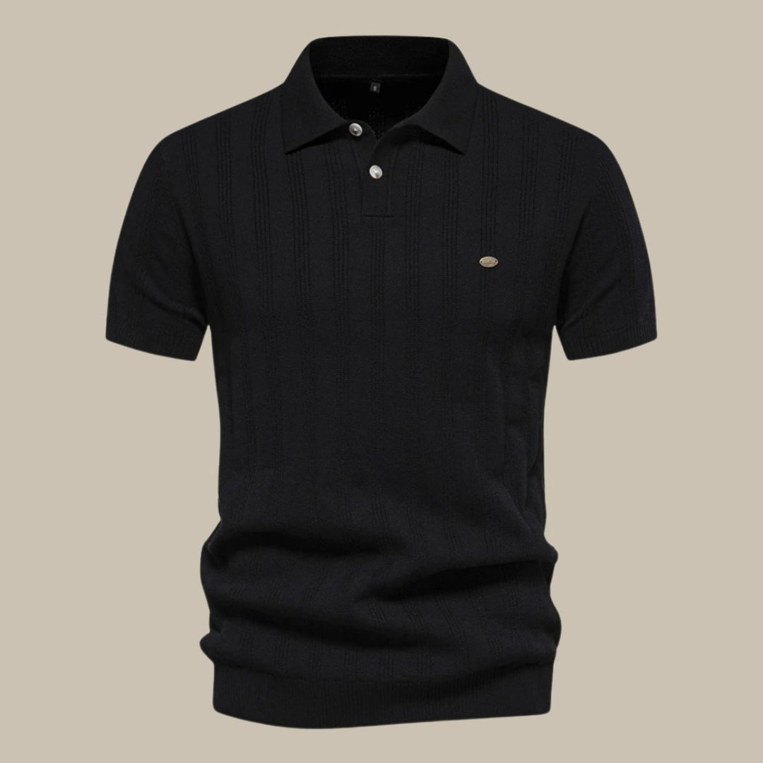 Men's Structured Knit Button-Up Polo Shirt Short Sleeve - Black