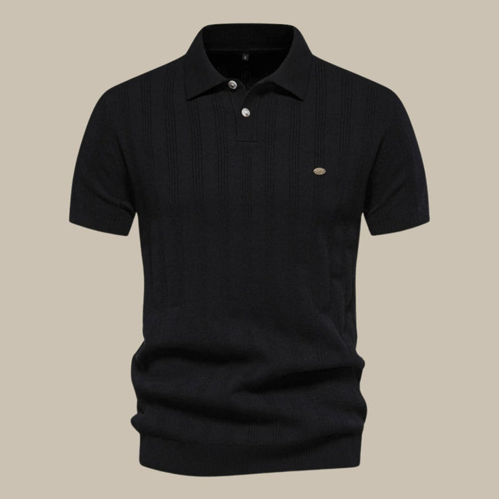 Men's Structured Knit Button-Up Polo Shirt Short Sleeve - Black