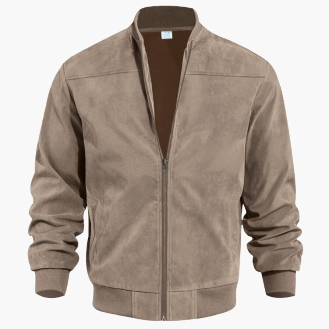 Men's Suede Full-Zip Bomber Jacket Ribbed Cuffs