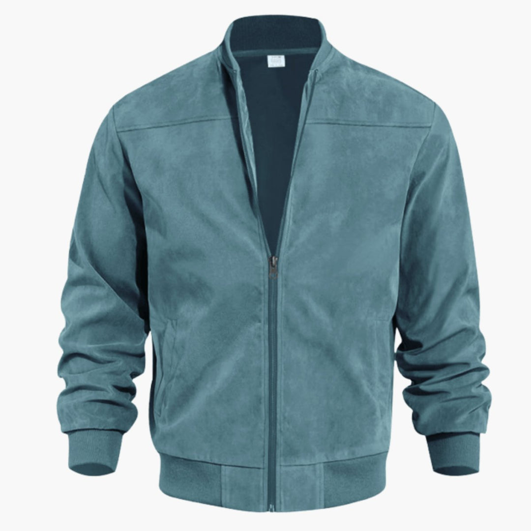 Men's Suede Full-Zip Bomber Jacket Ribbed Cuffs