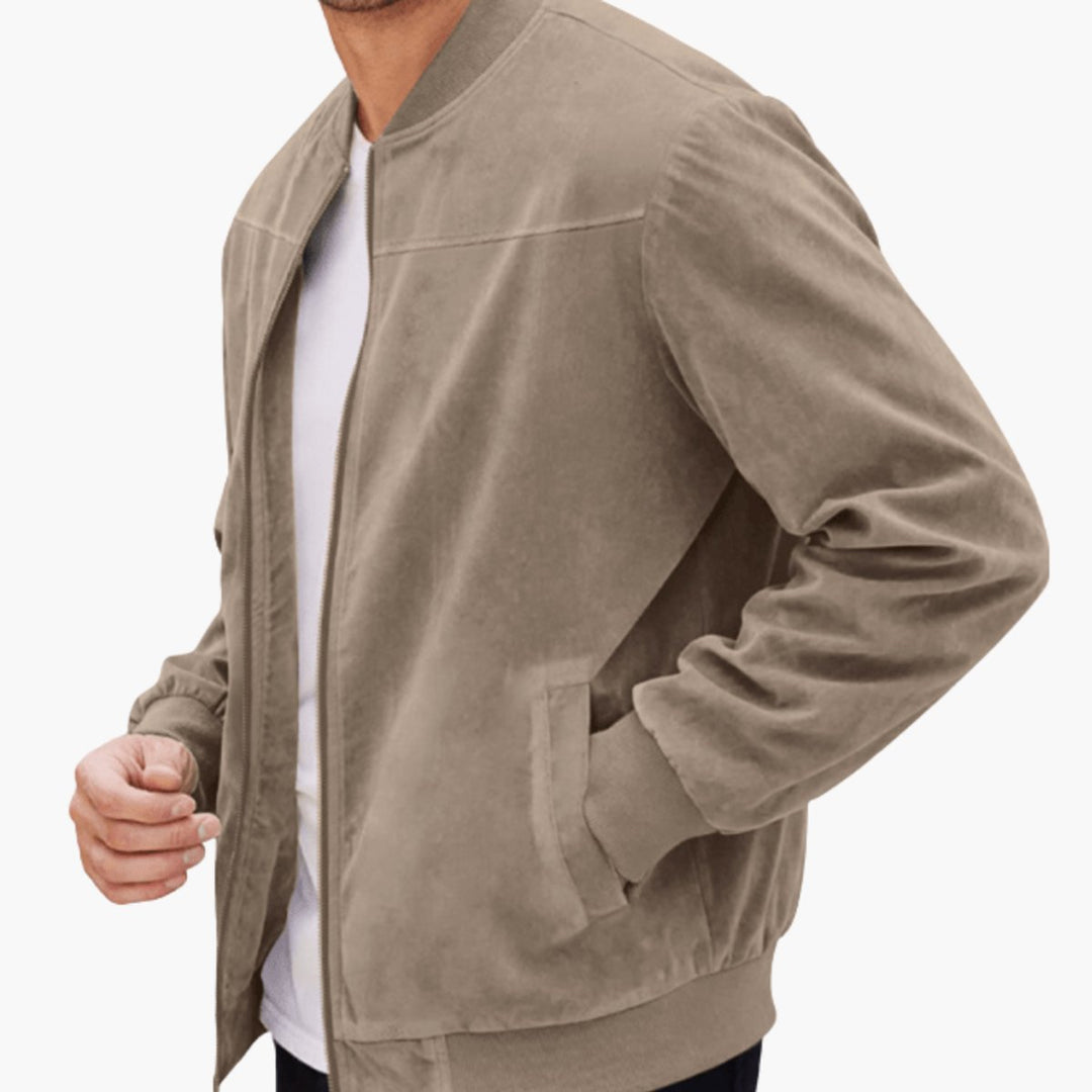 Men's Suede Full-Zip Bomber Jacket Ribbed Cuffs