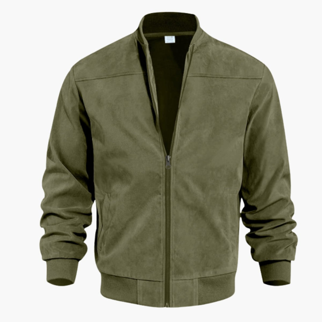 Men's Suede Full-Zip Bomber Jacket Ribbed Cuffs