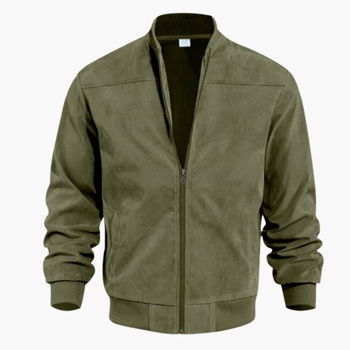 Men's Suede Full-Zip Bomber Jacket Ribbed Cuffs