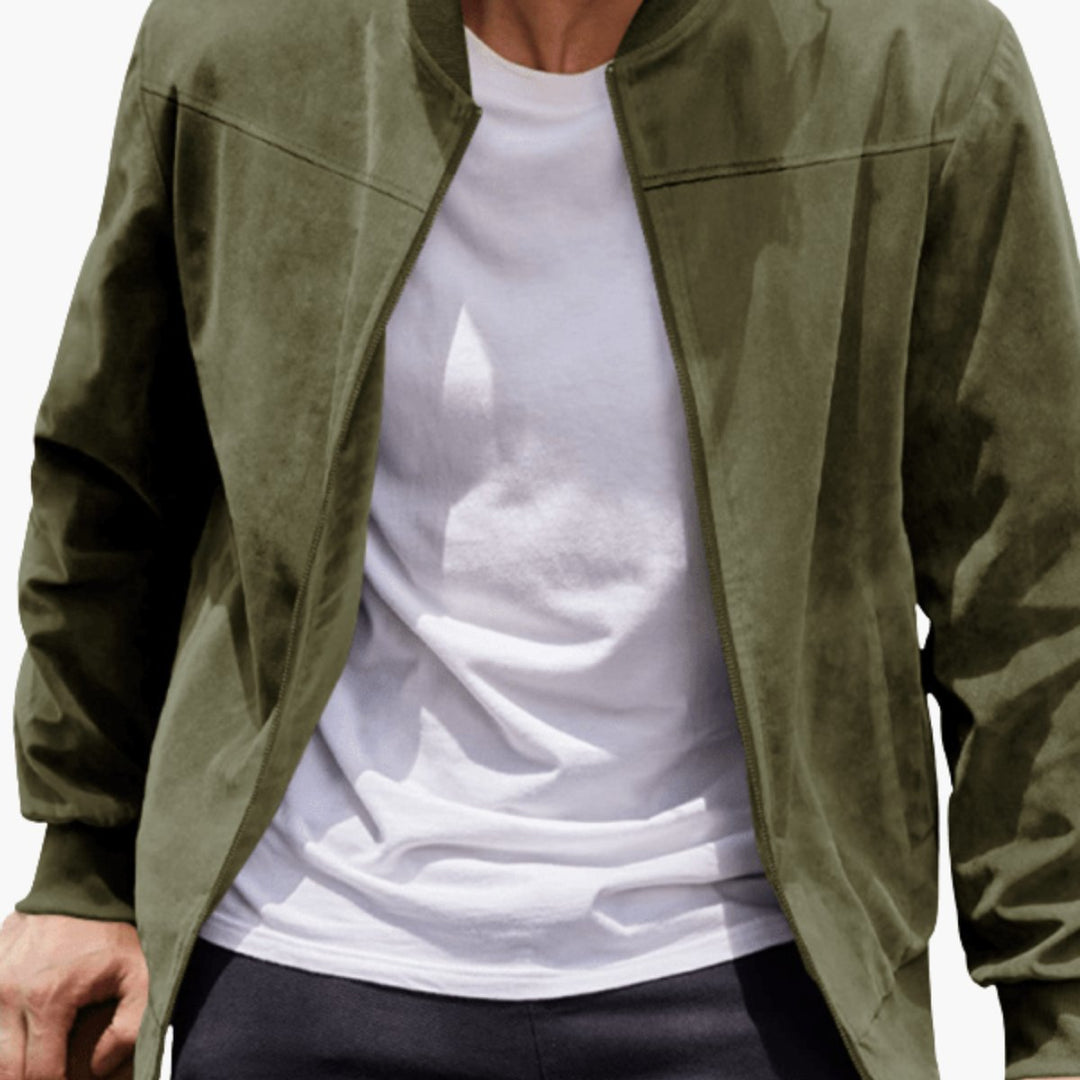 Men's Suede Full-Zip Bomber Jacket Ribbed Cuffs