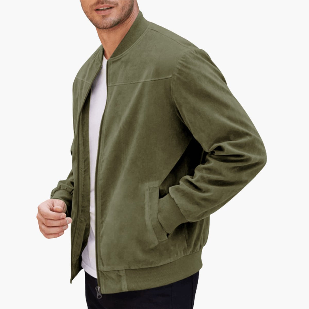 Men's Suede Full-Zip Bomber Jacket Ribbed Cuffs