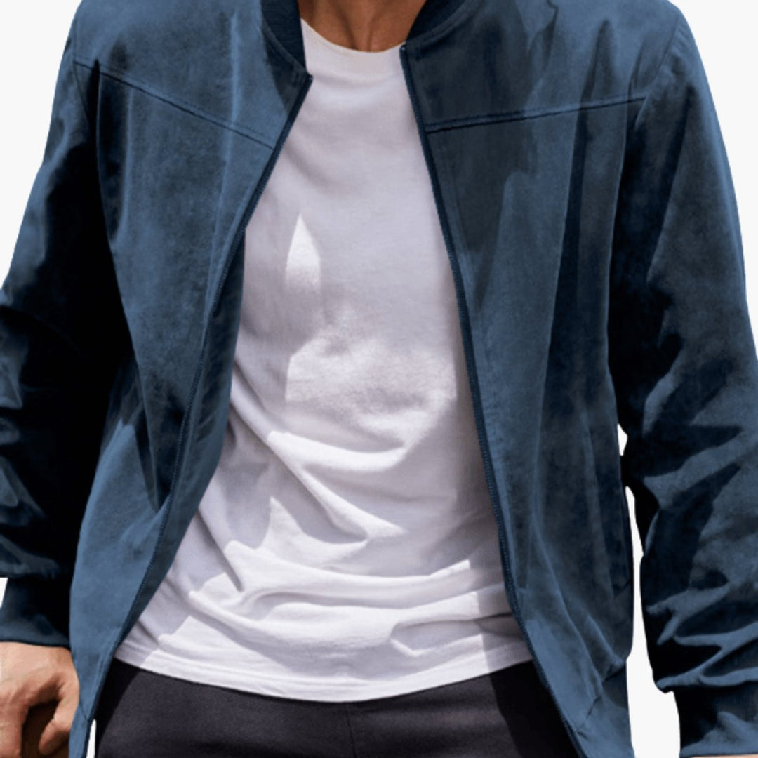 Men's Suede Full-Zip Bomber Jacket Ribbed Cuffs