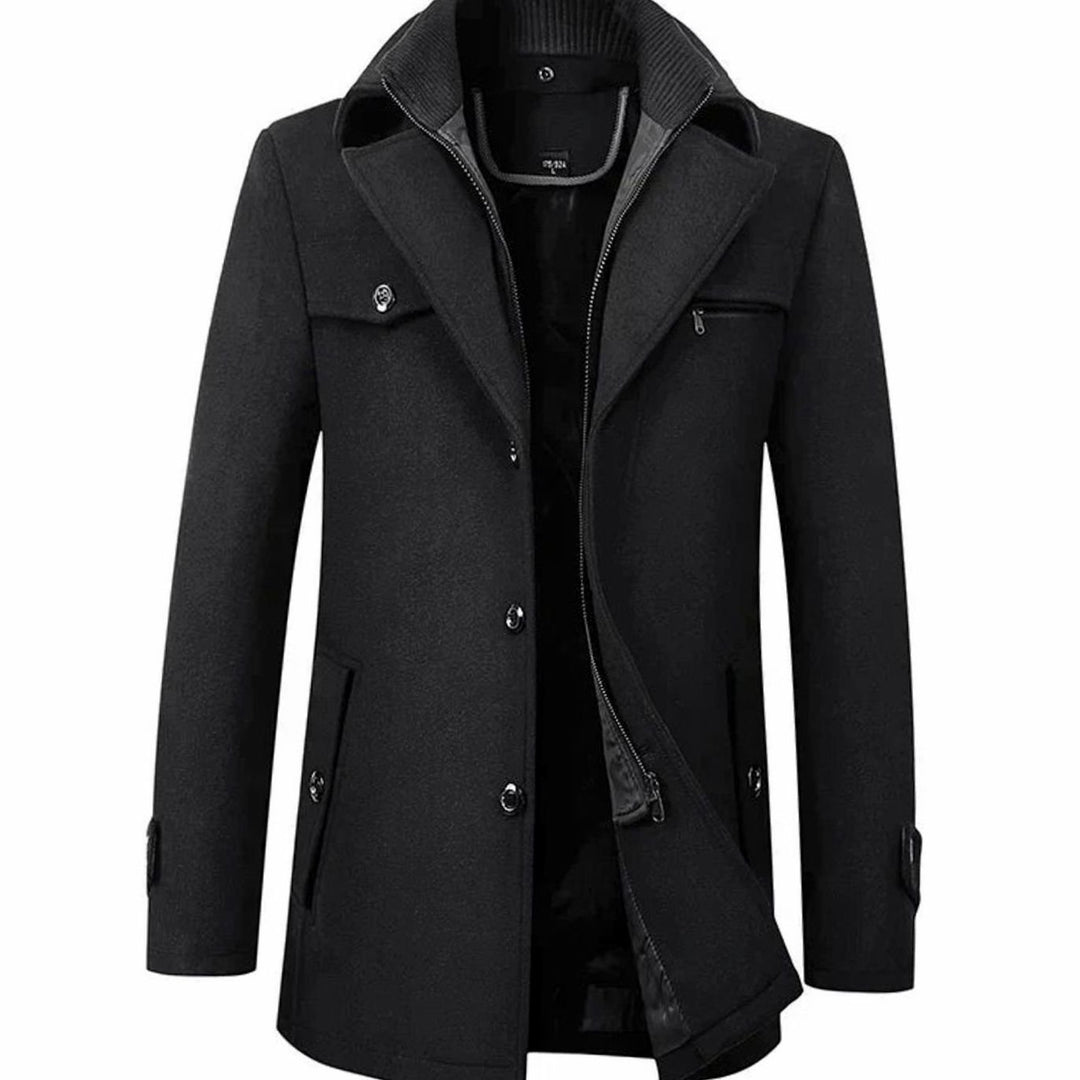 Men's Tailored Single-Breasted Button Overcoat Wool-Blend Winter Coat - Black