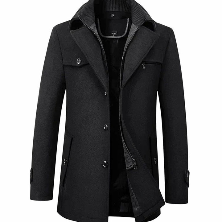 Men's Tailored Single-Breasted Button Overcoat Wool-Blend Winter Coat - Black