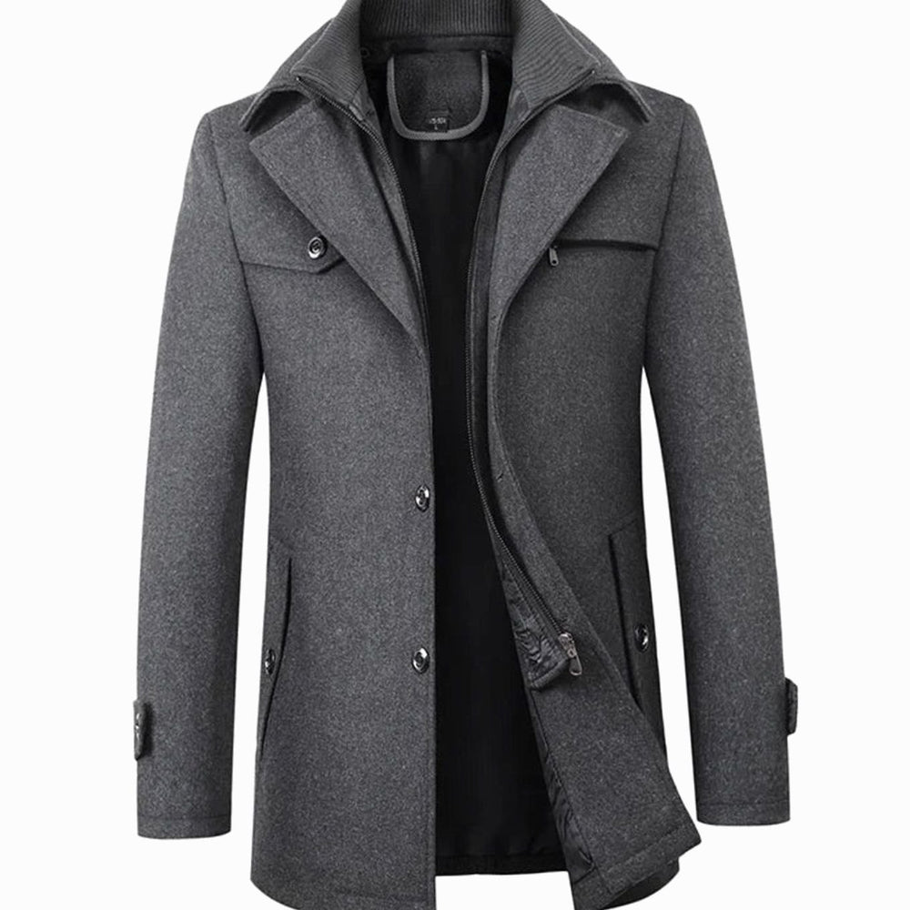 Men's Tailored Single-Breasted Button Overcoat Wool-Blend Winter Coat - Grey
