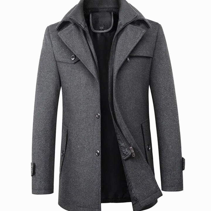 Men's Tailored Single-Breasted Button Overcoat Wool-Blend Winter Coat - Grey