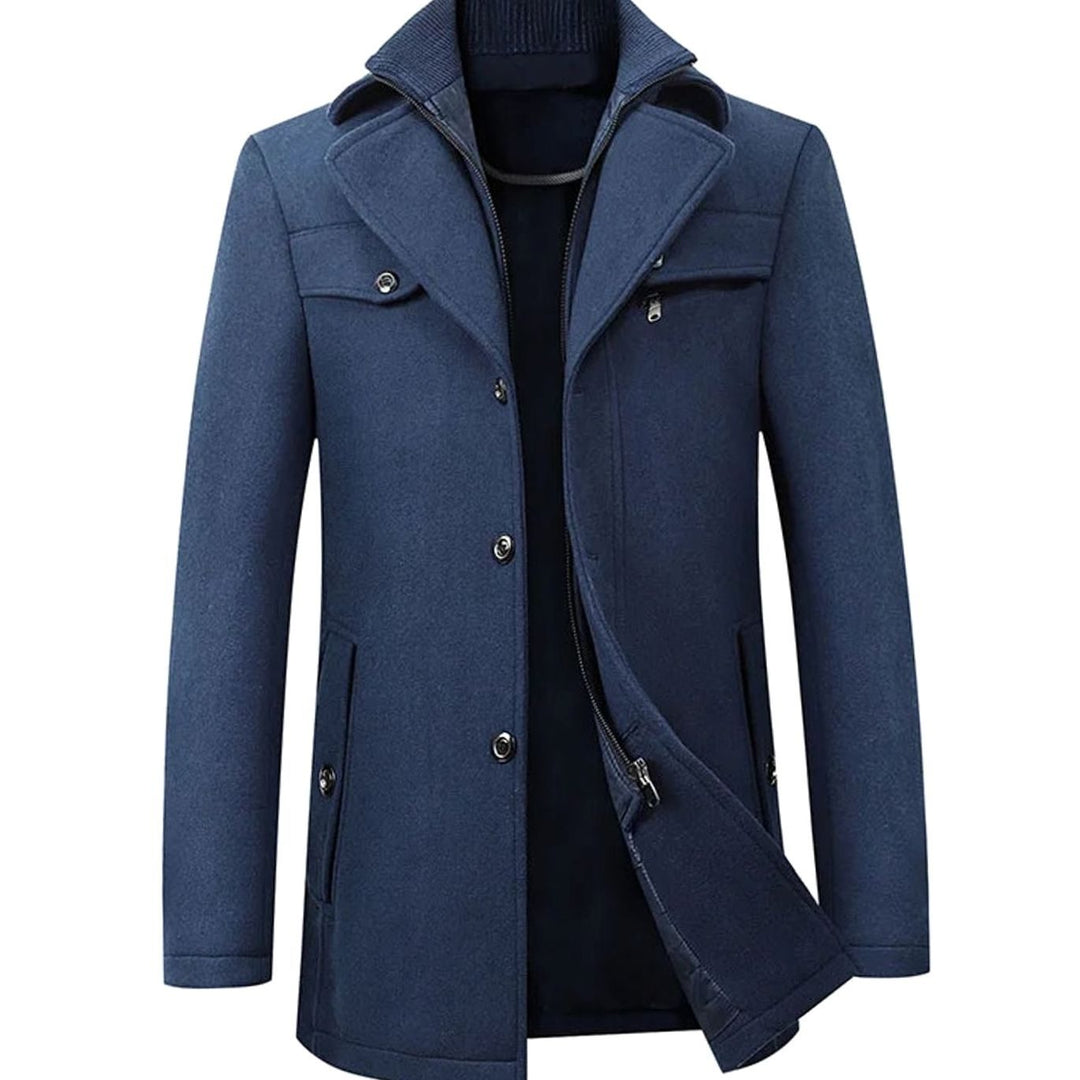 Men's Tailored Single-Breasted Button Overcoat Wool-Blend Winter Coat - Navy Blue