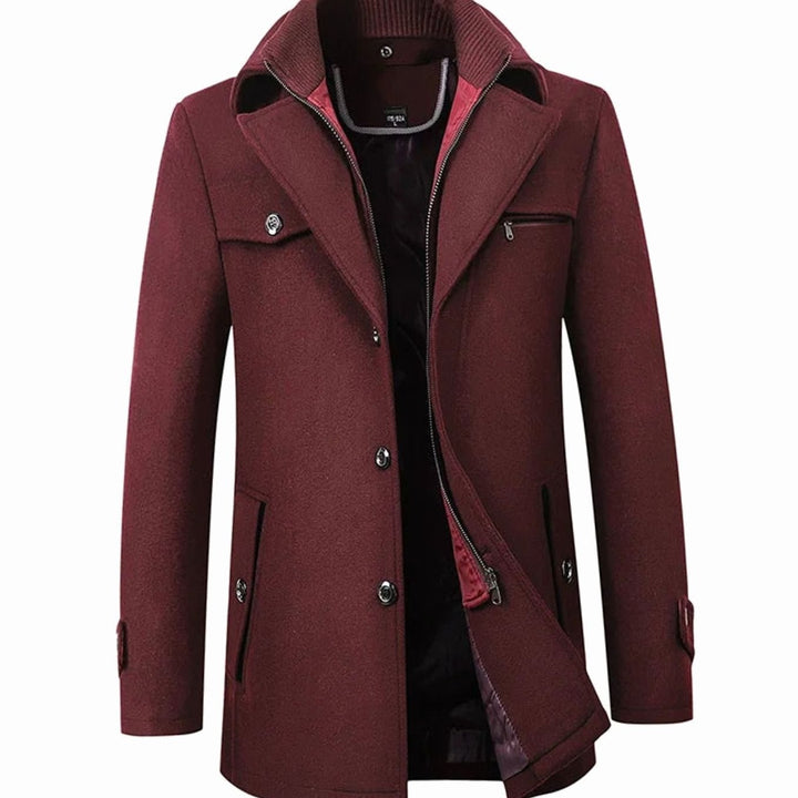 Men's Tailored Single-Breasted Button Overcoat Wool-Blend Winter Coat - Burgundy