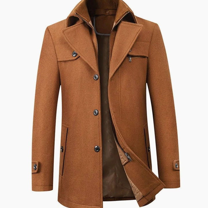 Men's Tailored Single-Breasted Button Overcoat Wool-Blend Winter Coat - Brown