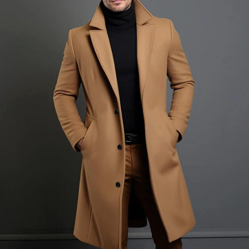 Men's Tailored Single-Breasted Lapel Long Overcoat - Brown