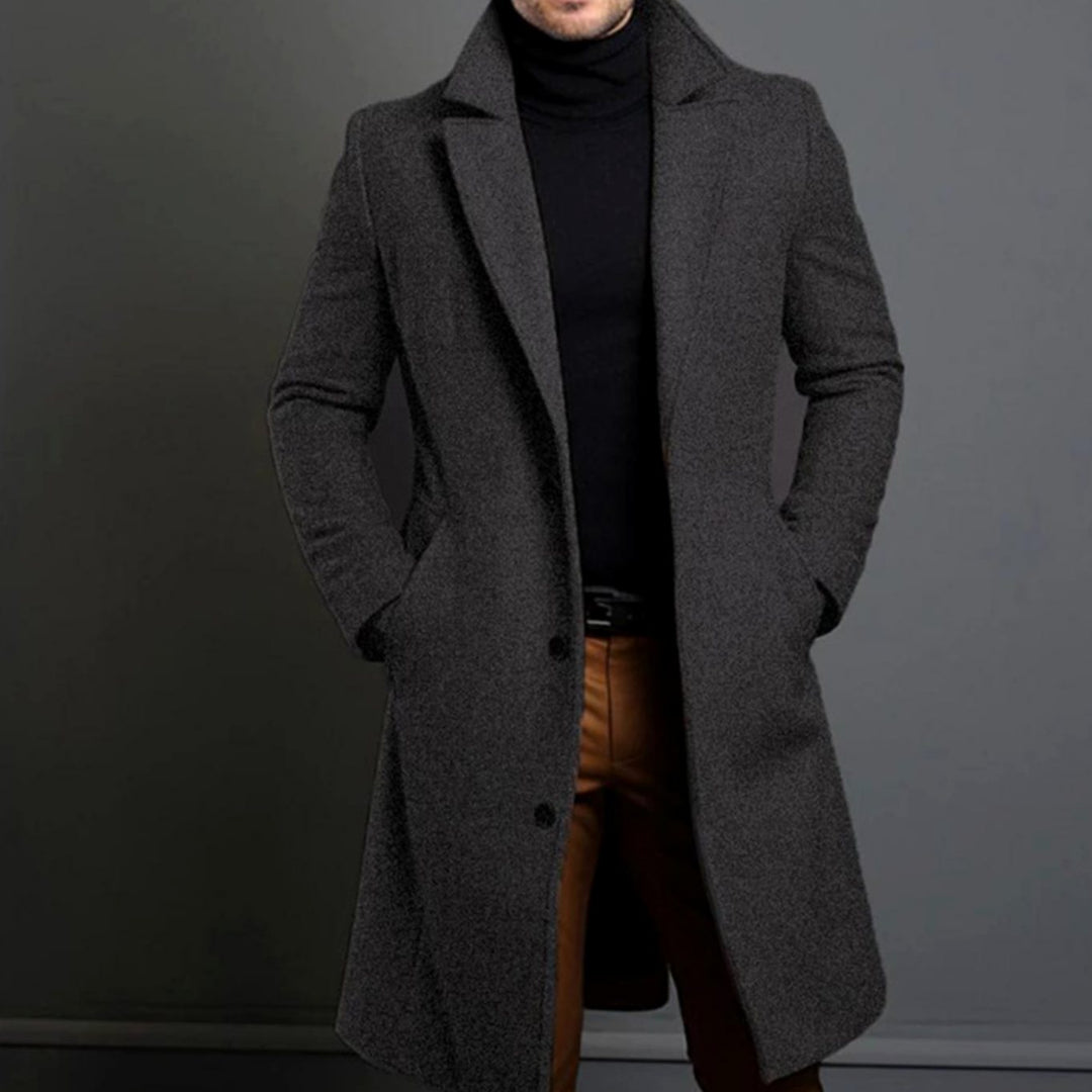 Men's Tailored Single-Breasted Lapel Long Overcoat - Grey