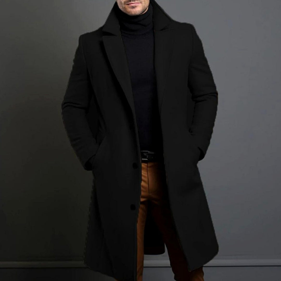 Men's Tailored Single-Breasted Lapel Long Overcoat - Black