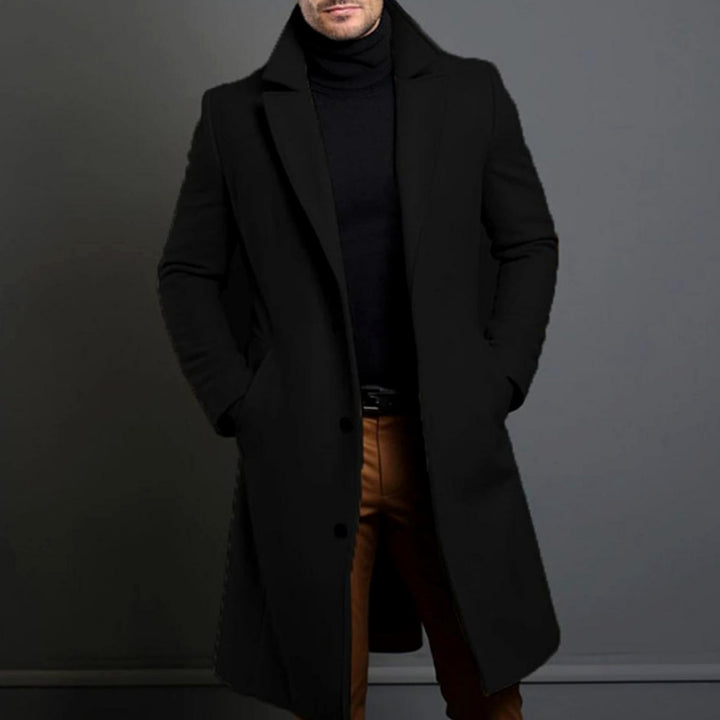 Men's Tailored Single-Breasted Lapel Long Overcoat - Black