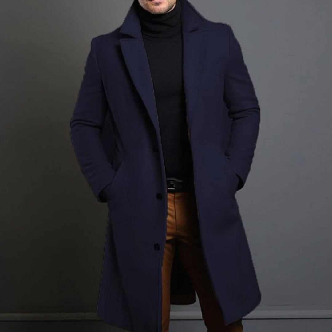 Men's Tailored Single-Breasted Lapel Long Overcoat - Blue