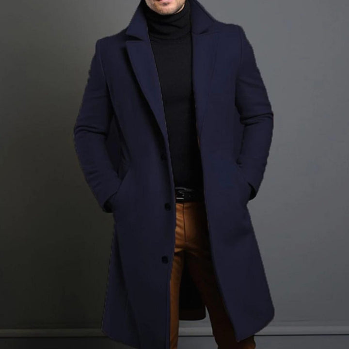 Men's Tailored Single-Breasted Lapel Long Overcoat - Blue