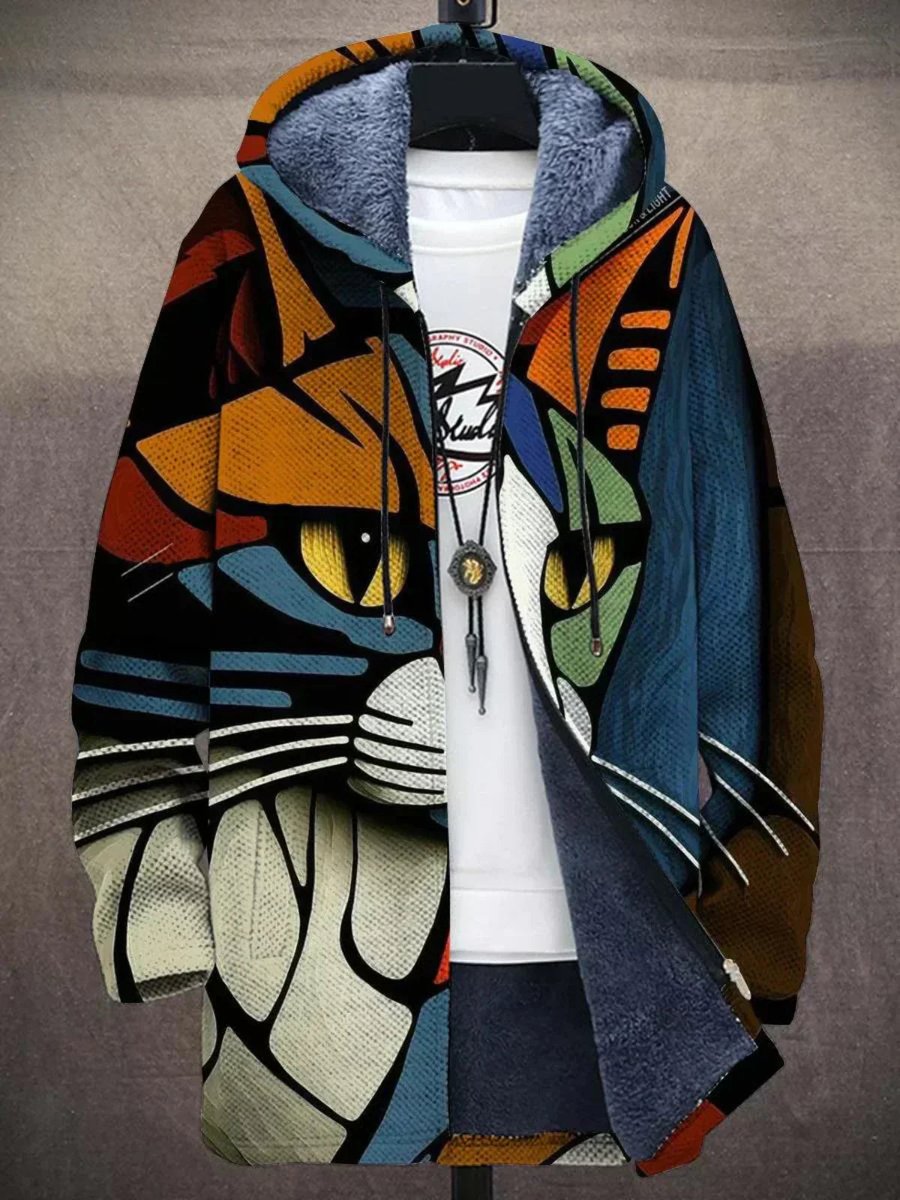 Unisex Abstract Art Print Fleece-Lined Zip-Up Hoodie Cardigan