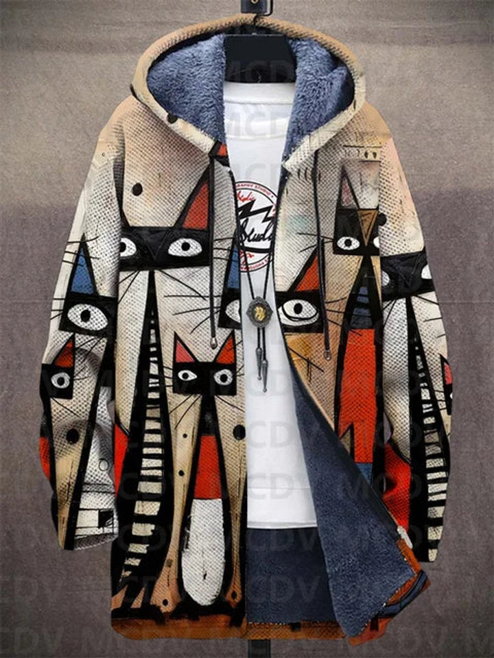Unisex Art-Print Fleece-Lined Hooded Zip-Up Cardigan