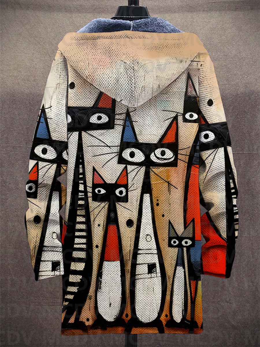 Unisex Art-Print Fleece-Lined Hooded Zip-Up Cardigan