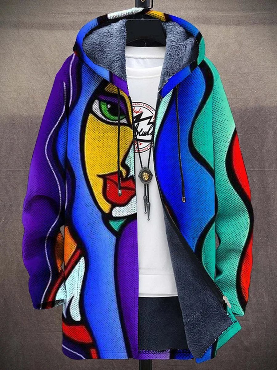 Unisex Fleece-Lined Zip-Up Artistic Print Hooded Cardigan
