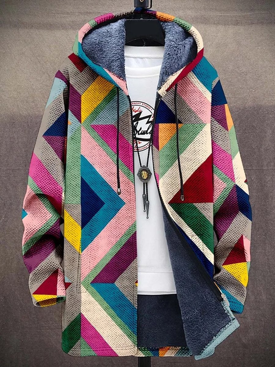 Unisex Geometric Fleece-Lined Zip-Up Hooded Cardigan