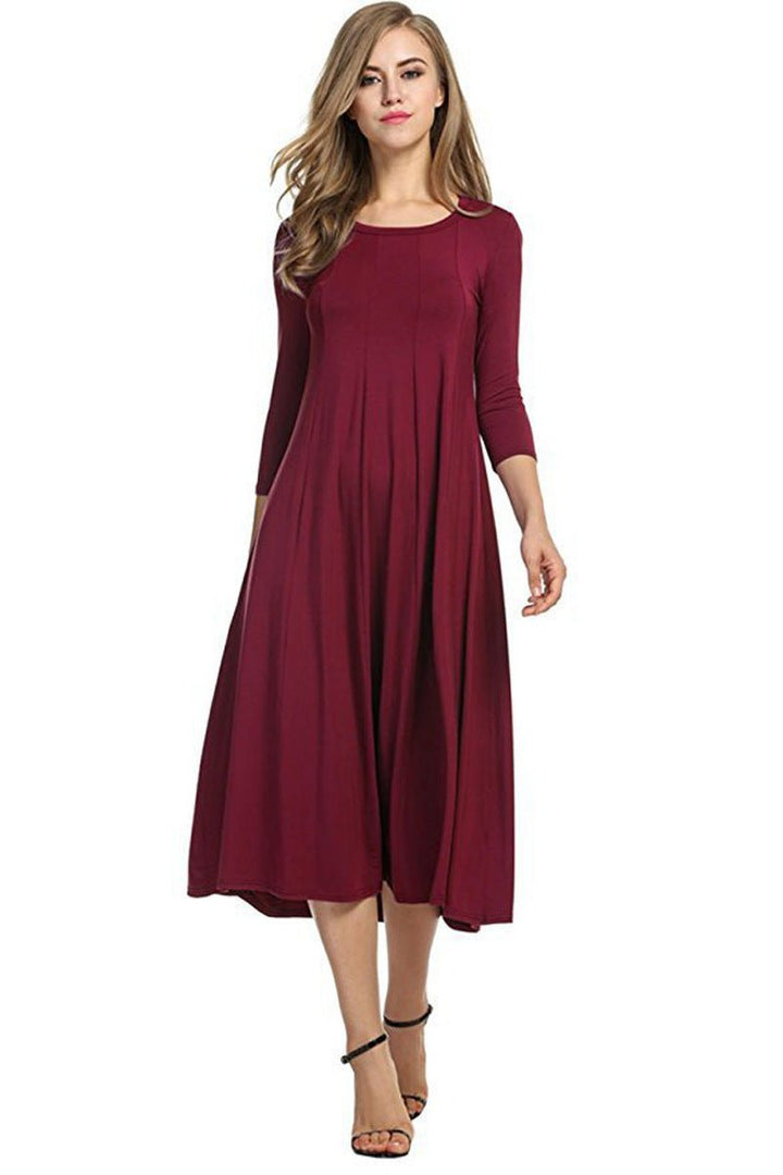 Women's 3/4 Sleeve Flowy A-Line Fall Midi Dress