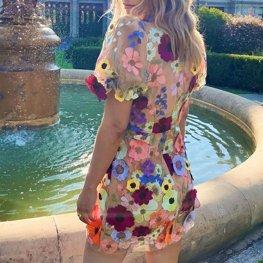 Women's 3D Floral Embroidered Puff Sleeve Fall Midi Dress
