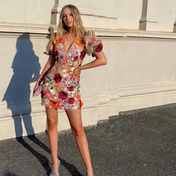 Women's 3D Floral Embroidered Puff Sleeve Fall Midi Dress