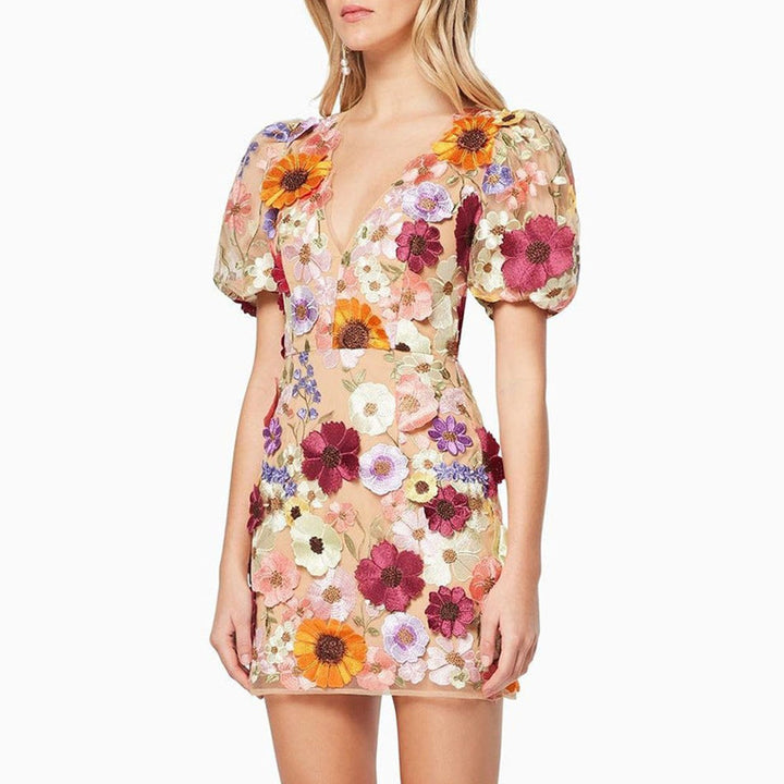 Women's 3D Floral Embroidered Puff Sleeve Fall Midi Dress