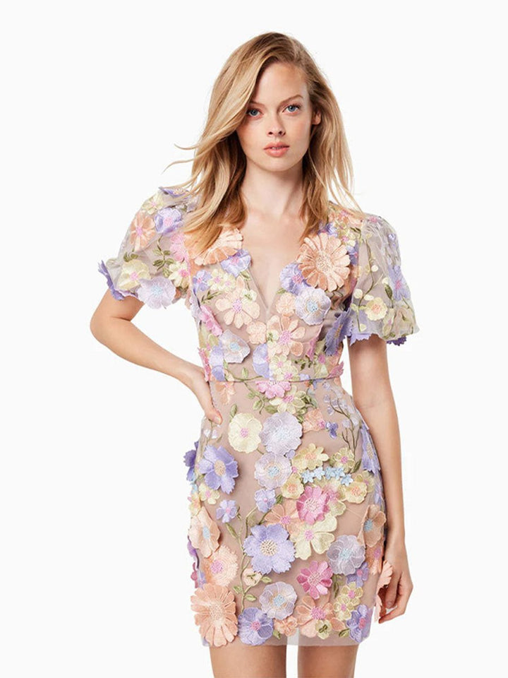 Women's 3D Floral Embroidered Puff Sleeve Fall Midi Dress