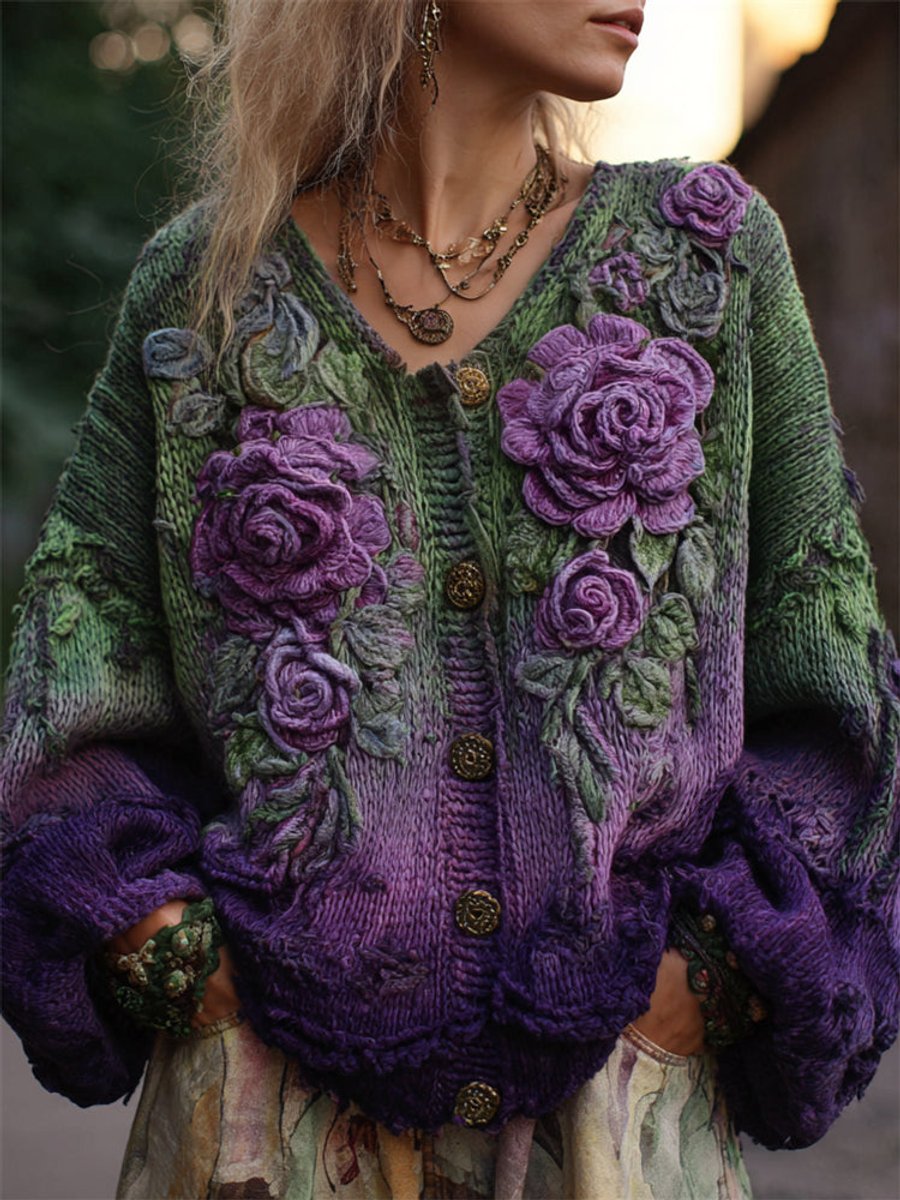 Women's 3D Rose Knit Button-Front Cardigan Sweater
