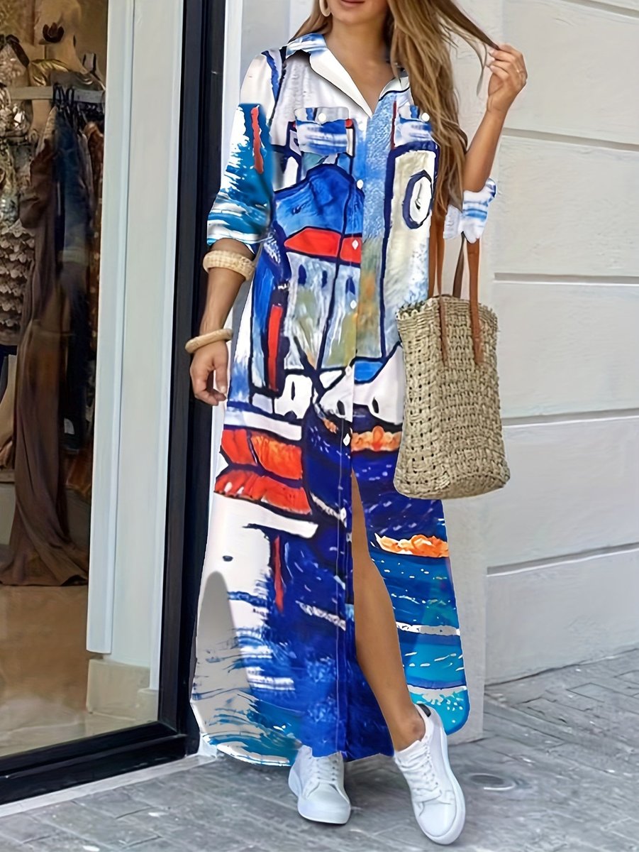 Women's Abstract Print Button-Down Fall Midi Dress