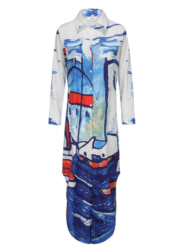 Women's Abstract Print Button-Down Fall Midi Dress