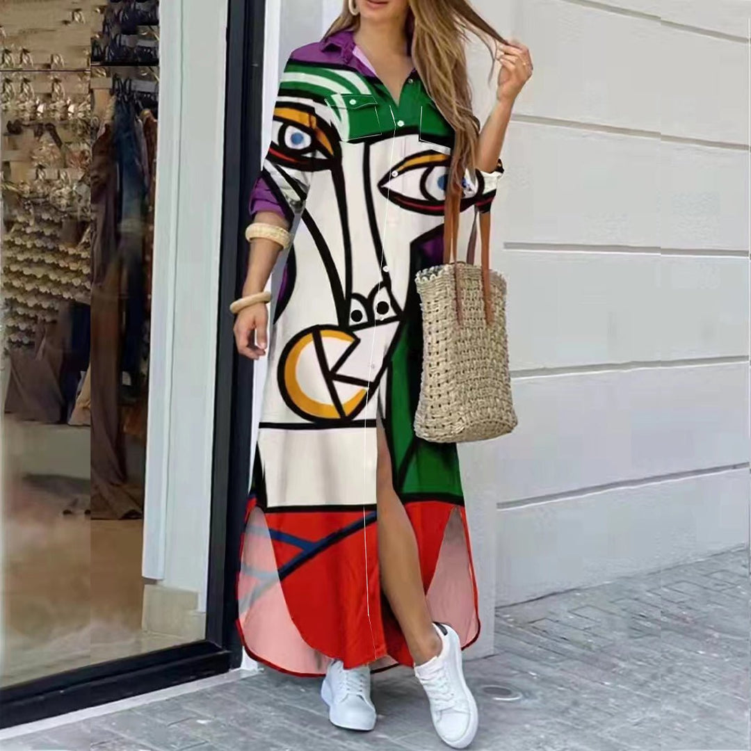 Women's Abstract Print Loose Button-Down Fall Midi Dress