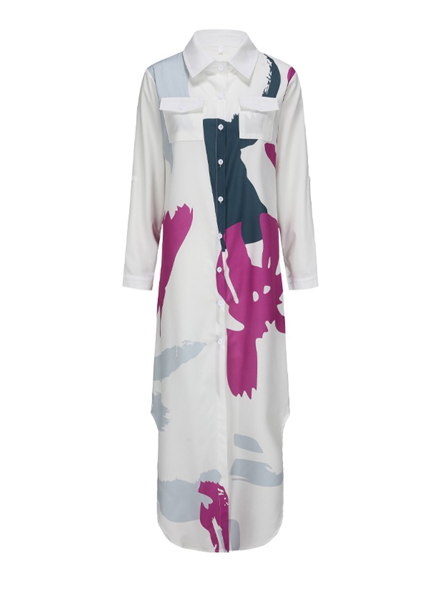 Women's Abstract Print Loose Button-Down Fall Midi Dress