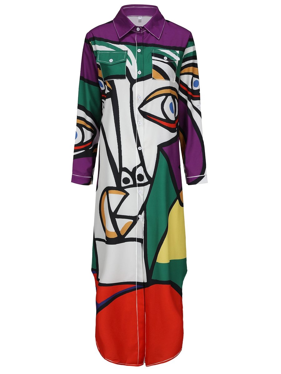 Women's Abstract Print Loose Button-Down Fall Midi Dress