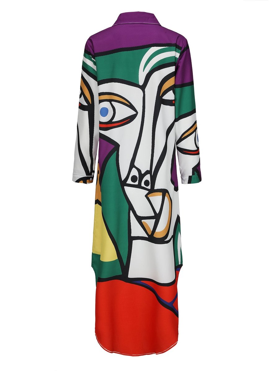 Women's Abstract Print Loose Button-Down Fall Midi Dress