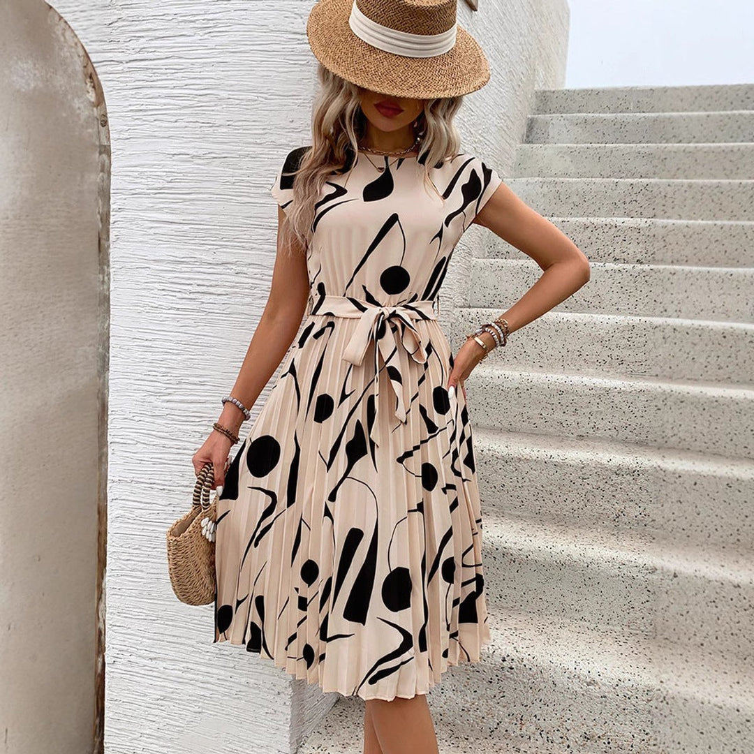 Women's Abstract Print Pleated Fall Midi Dress Belted Cap Sleeve