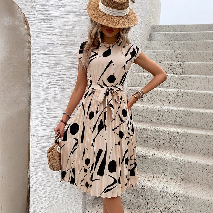 Women's Abstract Print Pleated Fall Midi Dress Belted Cap Sleeve