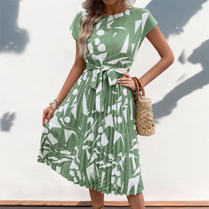 Women's Abstract Print Pleated Fall Midi Dress Belted Cap Sleeve