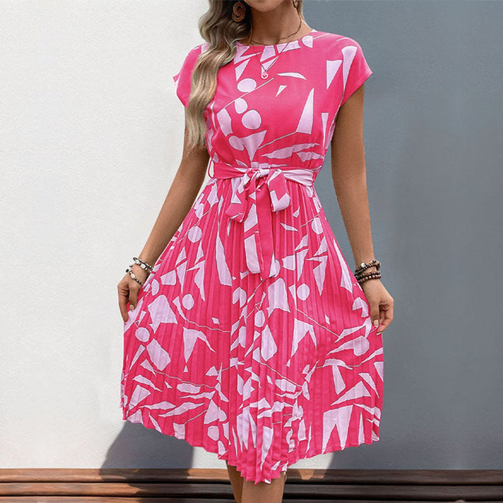 Women's Abstract Print Pleated Fall Midi Dress Belted Cap Sleeve
