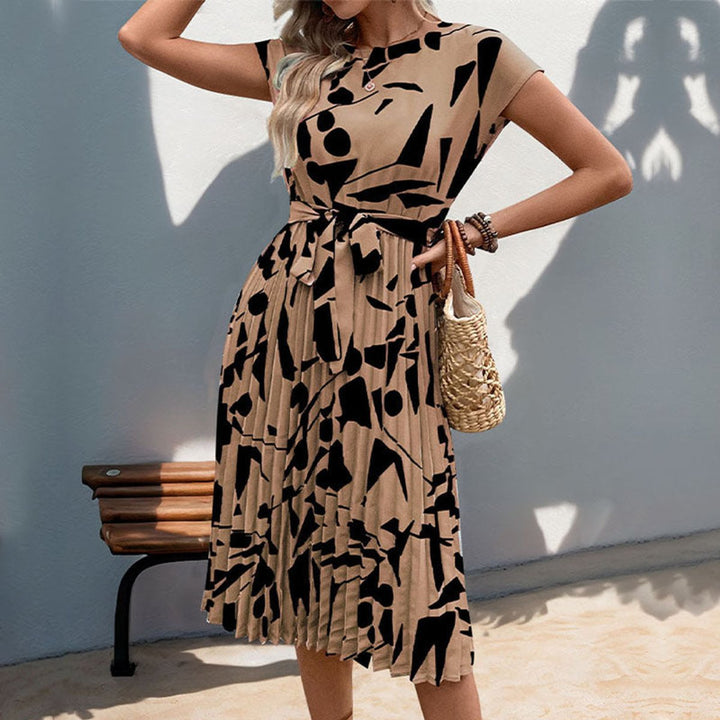 Women's Abstract Print Pleated Fall Midi Dress Belted Cap Sleeve