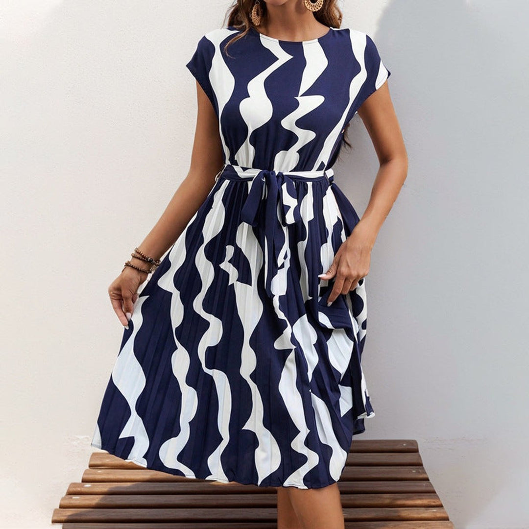 Women's Abstract Print Pleated Fall Midi Dress Belted Cap Sleeve